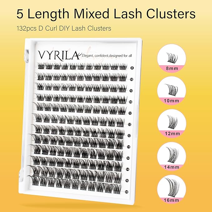 VYRILA Lash Clusters 8-16mm, False Eyelashes 132pcs, Cluster Eyelash Extensions Matte Black Soft, Diy Lash Extensions D Curl Natural Lash Clusters Faux Mink Lashes Wispy（Breeze,132pcs,0.07,D,8-16MIX)