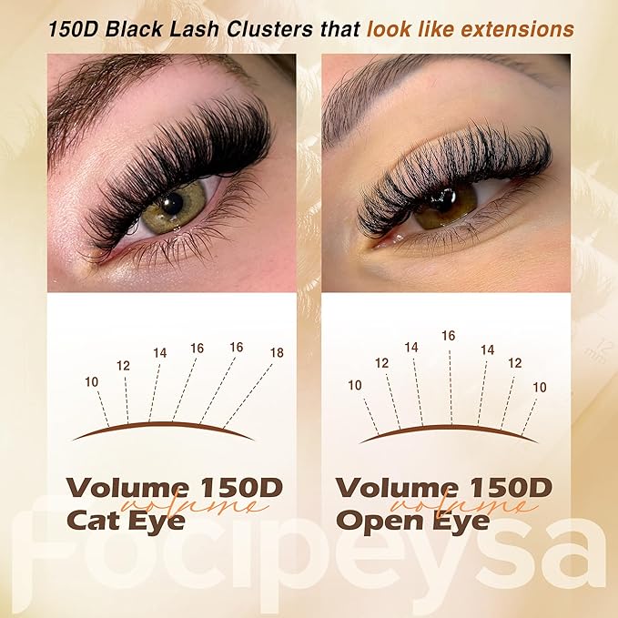 Focipeysa Full Volume Lash Extension Kit 200Pcs Lash Clusters Kit with Lash Bond and Seal and Lash Tweezers Lash Clusters DIY Eyelash Extensions Kit at Home (150D 10-18mm D Curly)