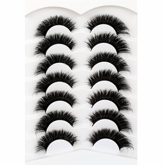 Pooplunch False Eyelashes Cat Eye Look 18MM Dramatic Volume Thick Wispy Long Faux Mink Lashes Fake Eyelash Strips 7 Pairs Pack