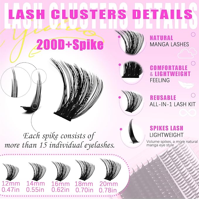 YIDUO Lashes Clusters Kit 200D Volume EyeLash Clusters with Spikes 12-20MM D Curl Manga Wispy Lashes Extensions Kit 230pcs Thick Individual DIY Lashes Clusters with Bond and Seal Tweezers Removers