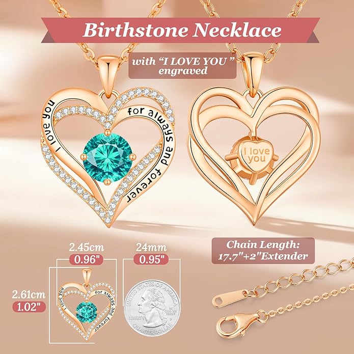 CDE Forever Love Heart Necklaces for Women, Wedding Anniversary, Birthday Mothers Day Christmas Day Gifts for Mom, Mother, Wife, friend, S925 Silver Jewelry with Birthstone Pendant
