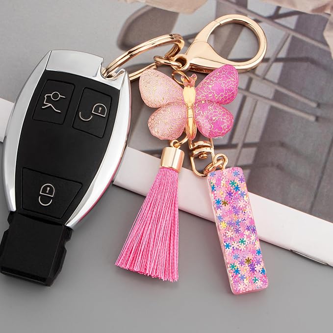 Suweibuke Cute Pink Key Chains for Women Girls, Initial Letter Keychains with Tassel, Charms for Key Purse Handbags Backpacks