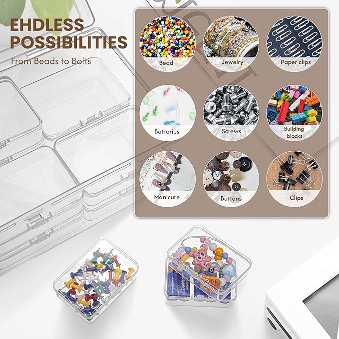 Medium Plastic Organizer Boxes, 12 Clear Containers with Hinged Lids, for Beads, Jewelry, Crafts, Electronics, Hardware, School Supplies (32 Labels)
