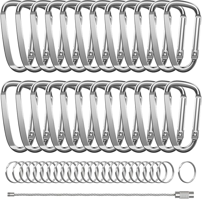 2.4" 24pcs Small Carabiner Clip Keychain, Aluminum D Ring Shape Clips with Keyring Keychain Hook
