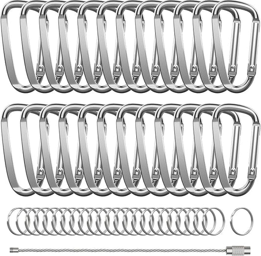 2.4" 24pcs Small Carabiner Clip Keychain, Aluminum D Ring Shape Clips with Keyring Keychain Hook
