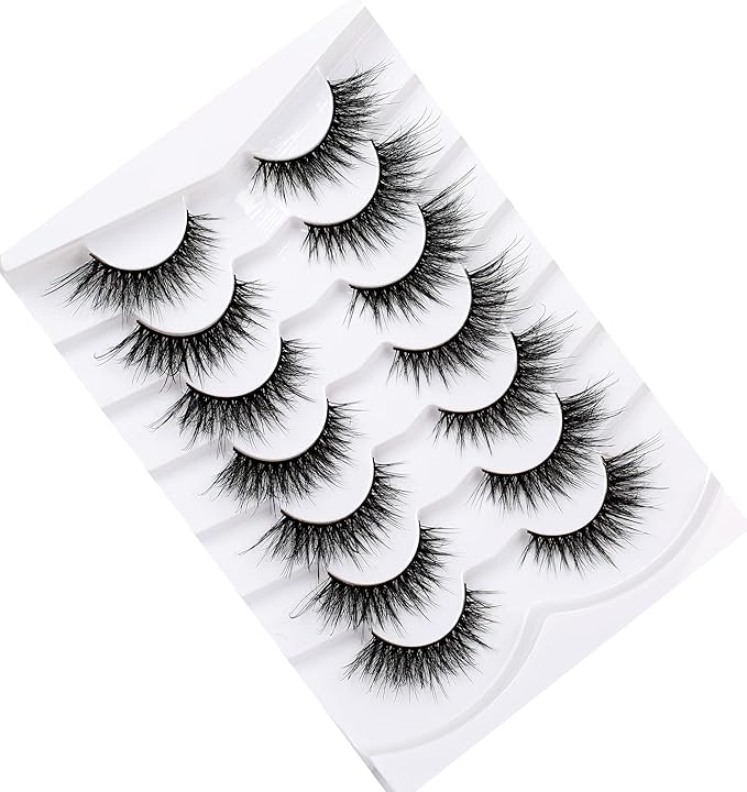 Pooplunch False Eyelashes Natural Fluttery Lashes Wispy 8D Volume Cat Eye Crossed Fake Eyelashes Faux Mink Lashes Strips 7 Pairs Pack