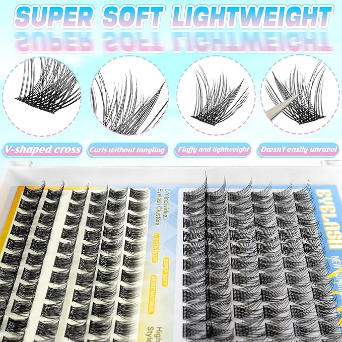 Lash Clusters Kit 576pcs, Natural Wispy DIY Eyelash Lashes Clusters Extensions Kit, 10-18mm D Curl with Lash Glue, Brush Tweezer and Remover