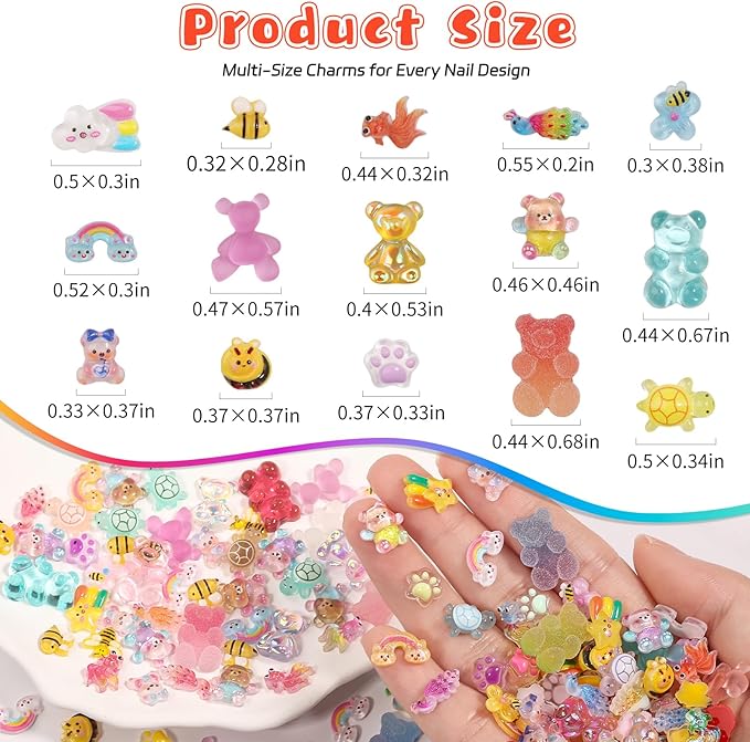 190PCS Animal Nail Charms Kit, 3D Cute Gummy Bear Bee Bunny Resin Charms for Nail Art Design, Kawaii Accessories Bulk with Tweezers for DIY Crafts, Slime, Phone Cases & Crocs