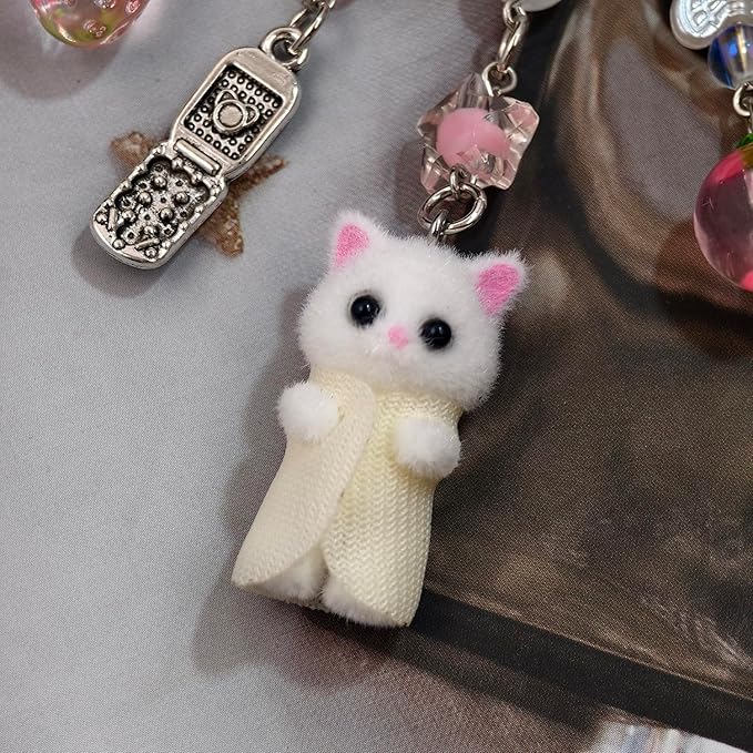 Cute Cat Keychain, Y2K Heart Bow Pendant, Kawaii Cat Bag Charm