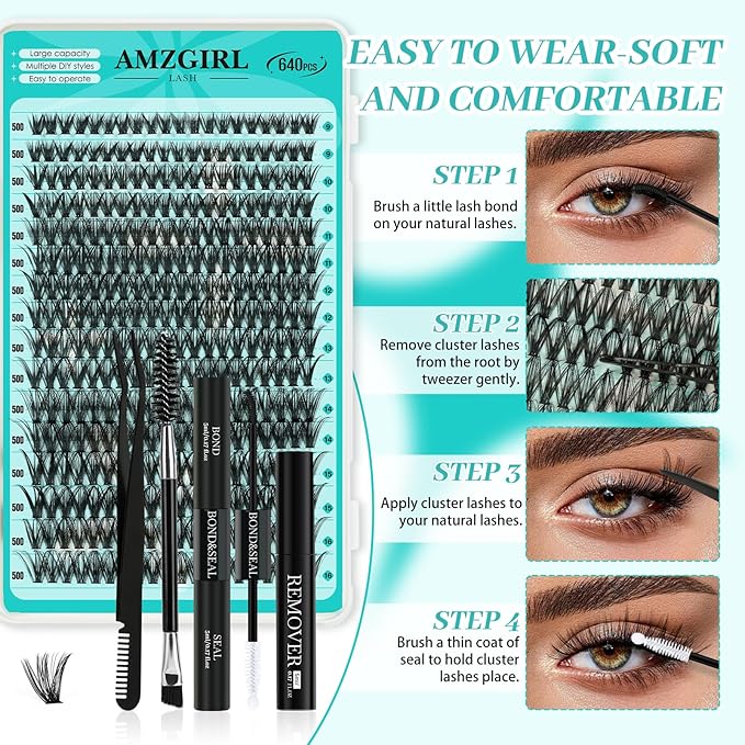 Lash Clusters Kit 640Pcs, 40D+50D Eyelash Extension Kit, Lash Bond and Seal Waterproof, Lash Remover, Lash Applicator Tool and Function Brush for DIY Eyelash Cluster Kit(D-Mix9-16mm Kit)