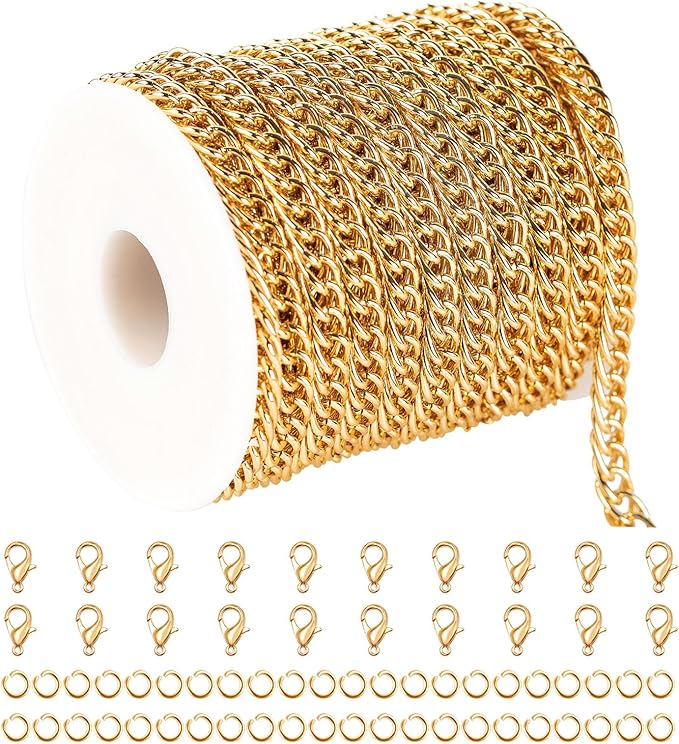 UMAOKANG 33 Feet Gold Plated Aluminum Jewelry Chains Bulk Double Curb Link Chain Roll with Jump Rings and Lobster Clasps Handmade Jewelry Craft Chain Spool
