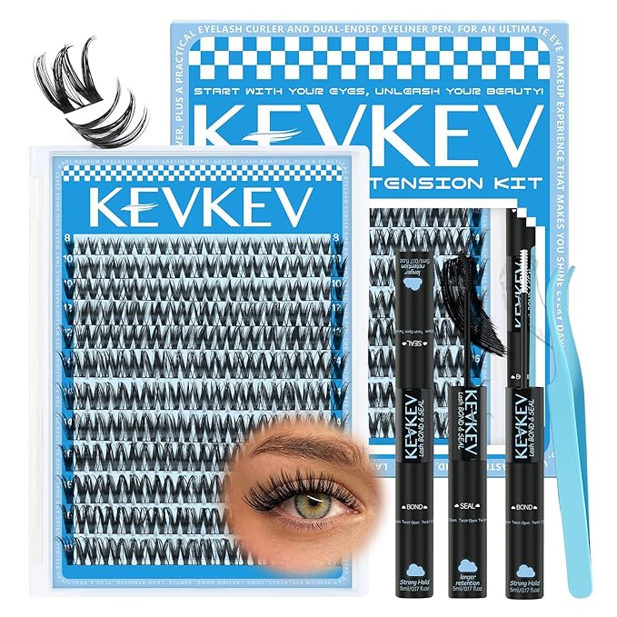KEVKEV Lash Clusters Kit 144pcs Flora Lashes Clusters 8-18mm Lash Extension Kit Thin Band Eyelash Extension Kit Lash Clusters with Lash Bond and Seal Eyelash Clusters Kit DIY Lash At Home(Kit-K03)