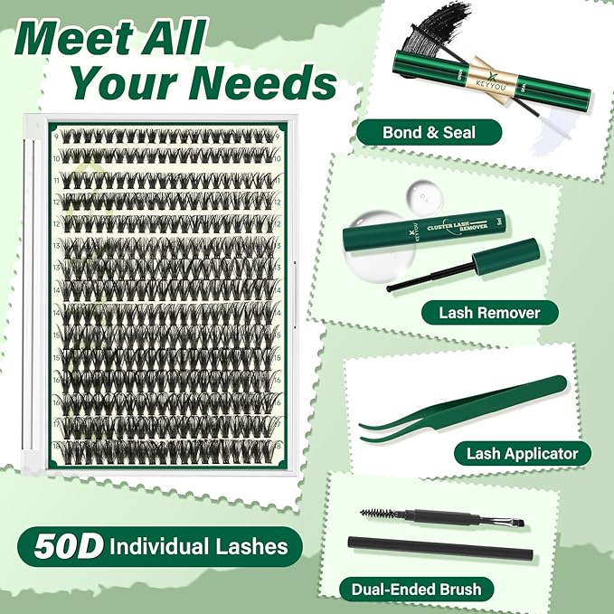 KEYYOU Lash Extension Kit DIY 300Pcs Lash Clusters Eyelash Extension Kit 50D D Curl 9-18MIX Lash Clusters Kit with Lash Glue Remover Applicator Easy to Use for Beginners(Kit,50D-D,9-18MIX)