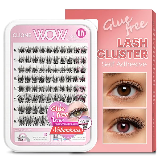 CLIONE PRIME Korean Self Adhesive Lash Clusters Voluminous Look No Glue Press On Pre Bond Lash Clusters Fluffy Self Adhesive False Eyelashes No Glue Needed Reusable Wispy Eyelash Extensions