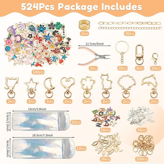 524Pcs DIY Keychain Making Kit with 218 Charms, Including 24 Keychain Clips Hooks 30 Extender Chain 200 Jump Ring Jewelry Plier Jewelry Making Supplies for Custom Key Ring Set Christmas Crafts Gifts