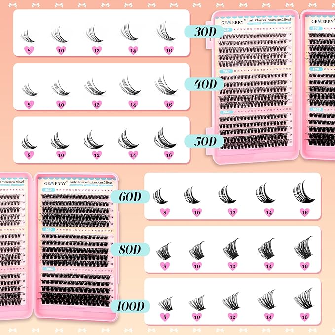 GEMERRY 565Pcs Lash Clusters D Curl Volume Eyelashes Clusters Extensions with Thin Band for DIY at home (30D+40D+50D+60D+80D+100D, 8-16mm)