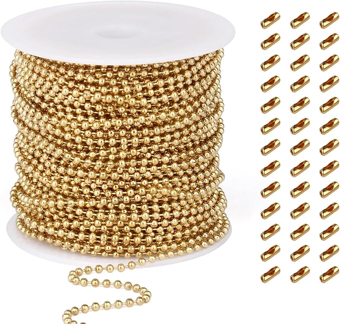 50FT 18K Gold PVD Plated Ball Bead Chains Roll, 2mm Gold Stainless Steel Ball Beaded Chains Spool with 30 PCS Connectors Bulk for Jewelry Making