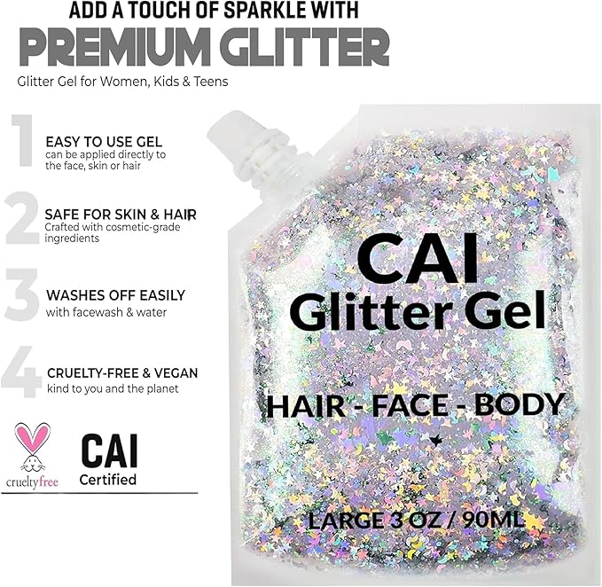 Face, Body & Hair Glitter Gel – Halloween Glitter for Kids and Women – 3 Oz Cosmetic-Grade Gel w/Moon & Stars for Festivals & Halloween Party, Easy Apply & Wash Off - Blue/Silver 2Pack