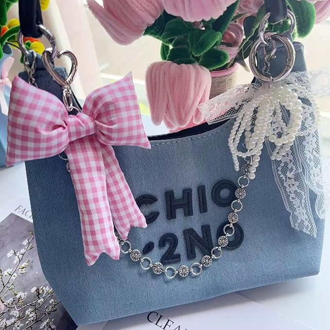 Pink Bow Keychain Bag Charms Y2K Bowknot Plaid Keychains Coquette Aesthetic Purse Handbag Backpacks Charms