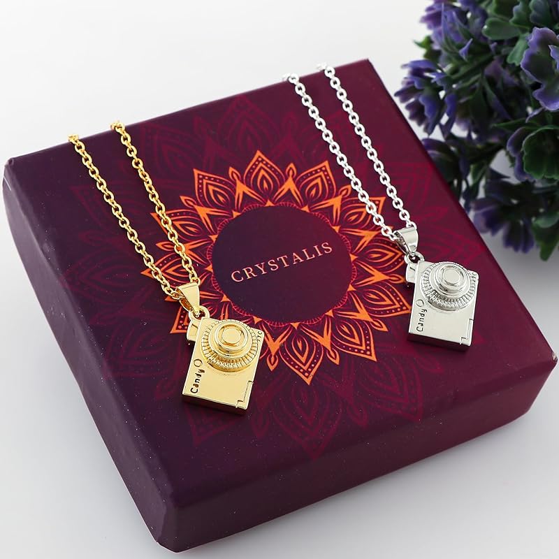 JOR Camera Charm Pendant Necklace, Photography Charm, Men and Women Unisex Jewelry, Dainty Gold & Silver Plated Combo Chain 18 inch (Pack of 2)