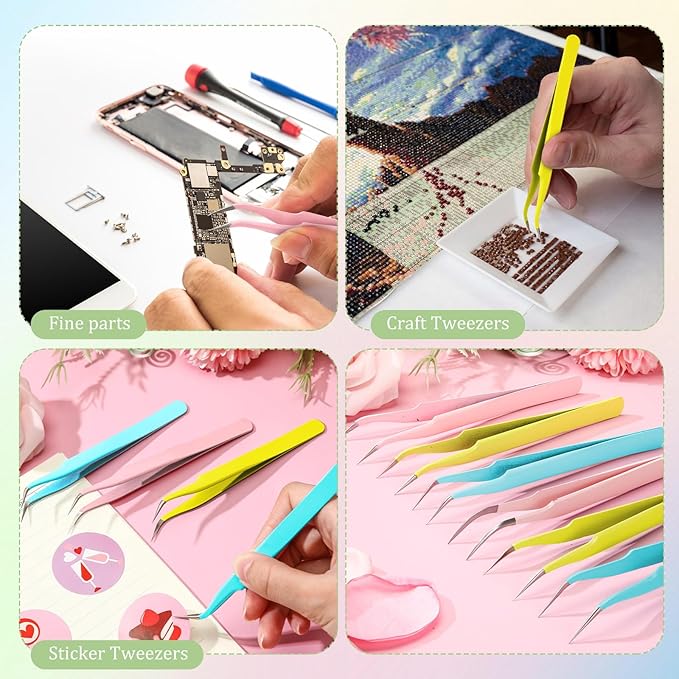 Honoson 9 Pieces Curved Pointed Craft Tweezers Stainless Steel Precision Tweezer with Protective Cover for Rhinestones Dried Flowers Craft Stickers Eyelash Extension Jewelry Making(Multiple Colors)