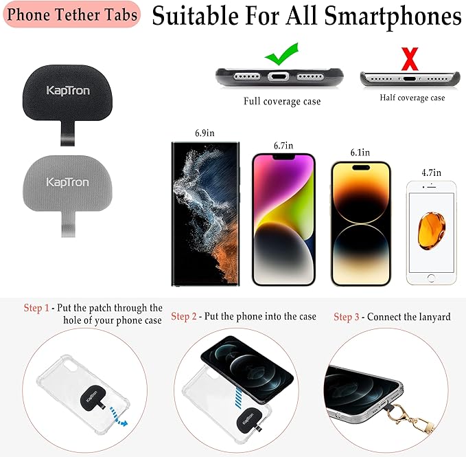 Kaptron 2Pcs Cell Phone Lanyard: Universal Adjustable Crossbody Phone Strap and Wrist Strap, with 2 Lobster Clips and 2 Tether Patches, Compatible with Most iPhone and Android Smartphones (Pink)