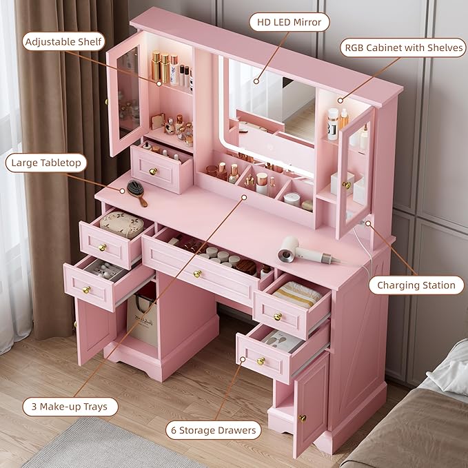 Vanity Desk with Mirror & Lights, Makeup Vanity with Power Outlet & USB Ports, Farmhouse Dressing Table, 6 Drawers & 4 Storage Cabinets, RGB Cabinet Lighting, 3-Color Dimmable Mirror