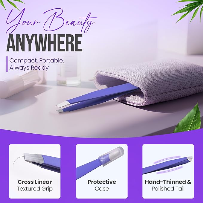 Stainless Steel Mini Slant Tweezer - Professional Precision Eyebrow Tweezers for Women & Men, Rust-Proof Travel Grooming Tool for Facial Hair Removal, Chin Hair & Ingrowns (Purple)