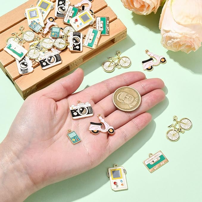 Stiesy 30 Pcs 3 Styles Enamel Vintage Charms Retro Bicycle Motorbike Camera Game Machine Metal Charm Bulk for Jewelry Making Crafts Bracelets Necklace Earring DIY Presents