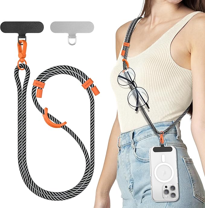 SURPHY Phone Lanyard, Adjustable Phone Strap Crossbody with 2 Pack Cell Phone Tether Tab, Premium Metal Buckles and Two-Color Braided Cell Phone Lanyard Crossbody for Women and Men, Black & Grey