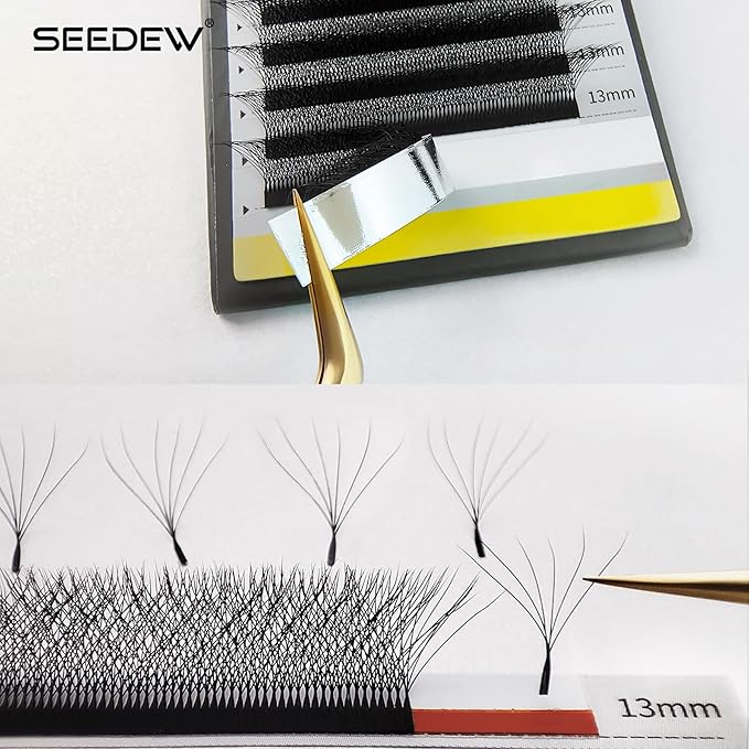 SEEDEW 6D Lash Extensions, 0.07mm D Curl 12mm 12 Rows/Tray, W Shape Flat Stem, Korean PBT Mega Volume False Eyelashes Grafting for Beginner Artist, Lash Tech, Beauty Salon(6D-Matte Black-0.07-D-12mm)