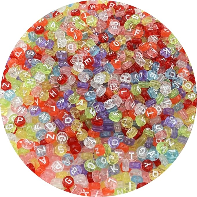 1000pcs Round Letter Beads 4x7mm Acrylic Alphabet Beads Spacer Beads for Jewelry Making Bracelets Necklace Earring Key Chains DIY Craft(K-White Letter Transparent Colorful Bead)