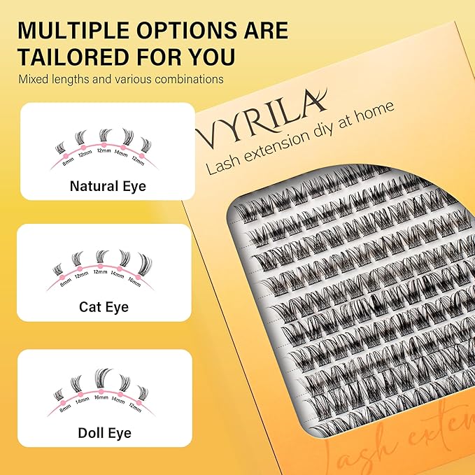 VYRILA Lash Clusters 8-16mm, False Eyelashes 144pcs, Cluster Eyelash Extensions Matte Black Soft, Diy Lash Extensions D Curl Natural Lash Clusters Faux Mink Lashes Wispy（Sway,144pcs,0.07,D,8-16MIX)