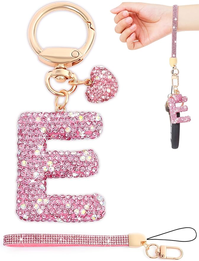 Initial Keychain for Women Girls,Bling Letter Key chain Initial with Heart,Pink Keychain Charms for Backpack Handbag