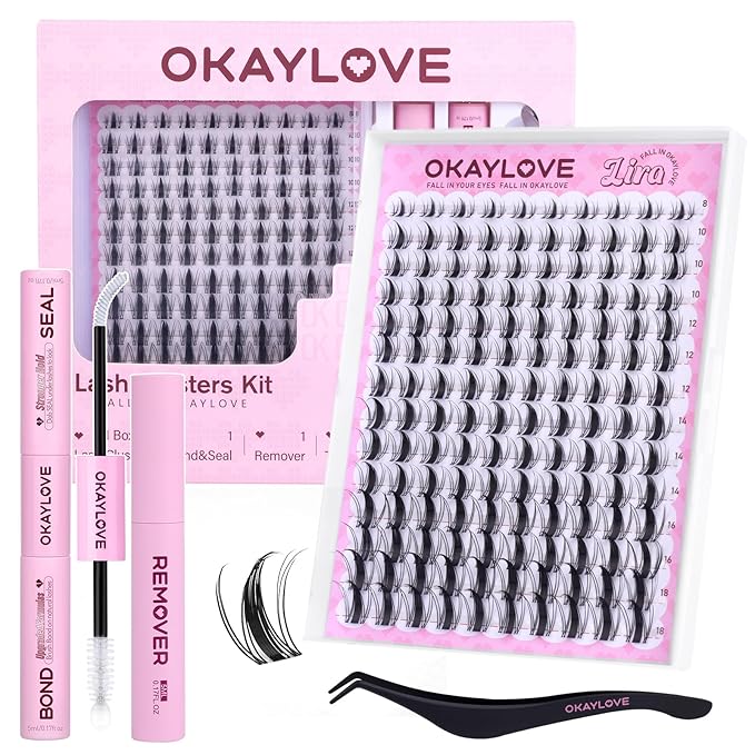 OKAYLOVE Manga Lash Clusters with Spikes, LIRA 8-18mm DIY Cluster Eyelash Extensions Kit, 140pcs CC Curl Clear Band Individual Lashes with Lash Bond and Seal, Remover, Lash Tweezers