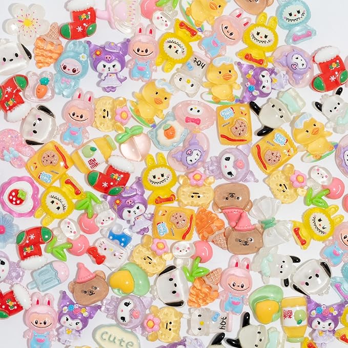Charms 100PCS Mixed Kawaii Flatback Resin Charms for Crafts, Cabochon for DIY Projects, Slime Charm, Resin Art, Scrapbooking, Phone Case & Accessories (Multicolor)