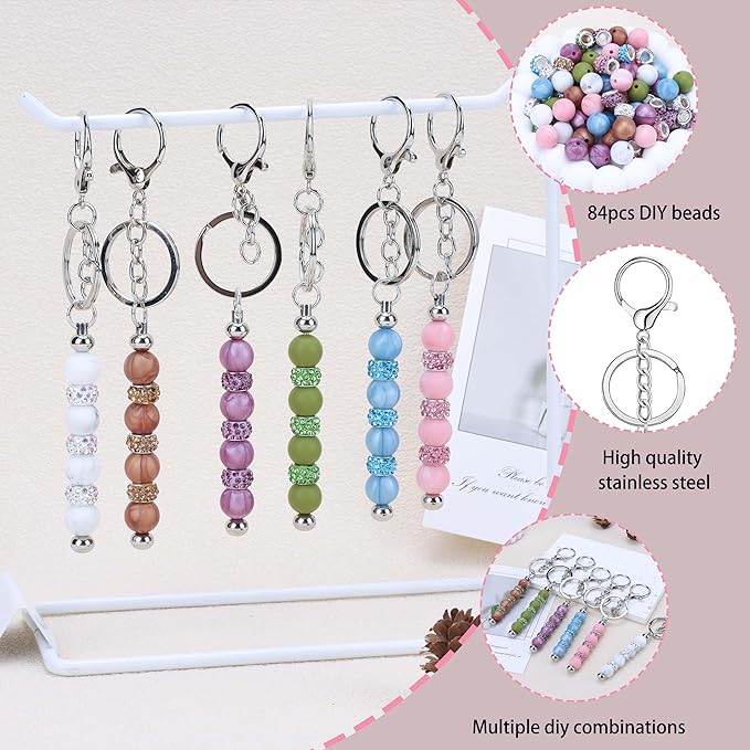 SUIMZESTI 109 Pcs Beadable Keychains Bars Set, Bulk Keychain Making Kit with Spacer Silicone Beads for Keychains Making Accessories for Womens DIY Crafts Gifts
