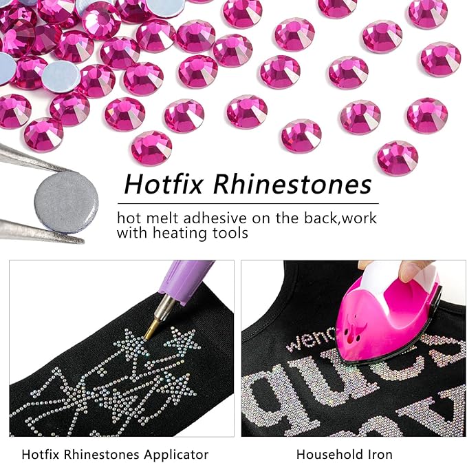 Beadsland Hotfix Rhinestones, 1440pcs Flatback Crystal Rhinestones for Crafts Clothes DIY Decoration, Fuchsia, SS20, 4.6-4.8mm