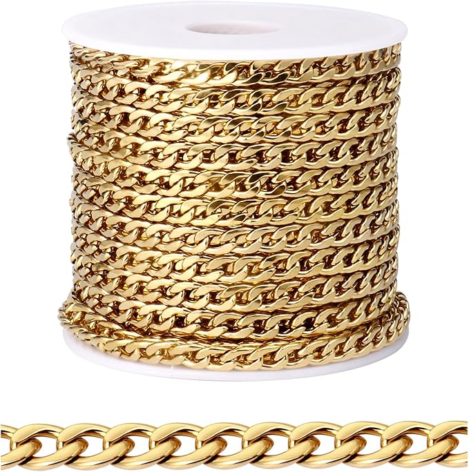 [33FT] 18K Gold PVD Plated Curb Chains for Jewelry Making, 4.5mm Wide 304 Stainless Steel Cuban Link Chain Roll Bulk for DIY Jewelry Making Craft