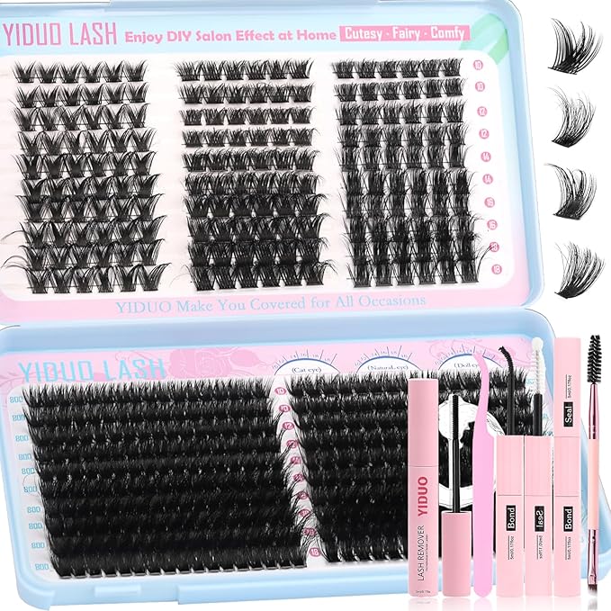 YIDUO 5 Styles Eyelash Clusters Kit 80D 100D Volume D Curl Wispy Individuals lash Extensions Kit, Volume Studio Effect, Fake Eyelashes 500Pcs All-in-1 Pack with Glue |Tweezers |Removers |Brush
