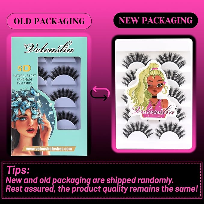Veleasha Lashes 5D Faux Mink Lashes 100% Handmade Wispy Lashes Charming Luxurious Fake Eyelashes Lightweight Fluffy False Eyelashes 5 Pairs Pack (5D04)