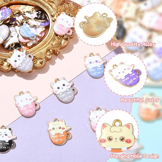 Stiesy 30 Pcs 6 Color Cat Charms for Jewelry Making Cute Kitten Animal with Coffee Cup Enamel Charm Pendants for Crafting DIY Necklace Bracelet Earring Presents