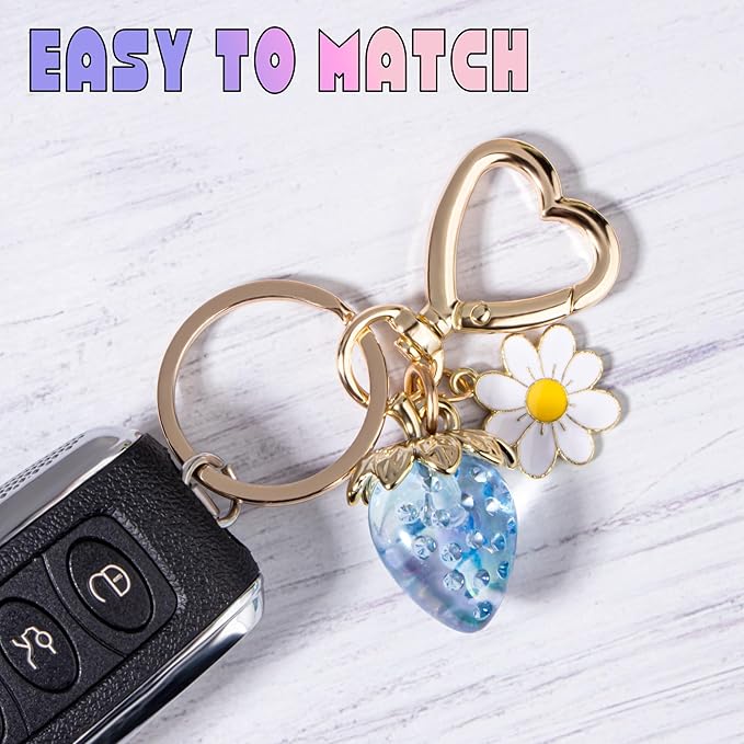 Wikavanli Cute Strawberry Keychain,Bag Charms,Kawaii Heart Flower Daisy Key chains Accessories Decor for Women Girls Purse