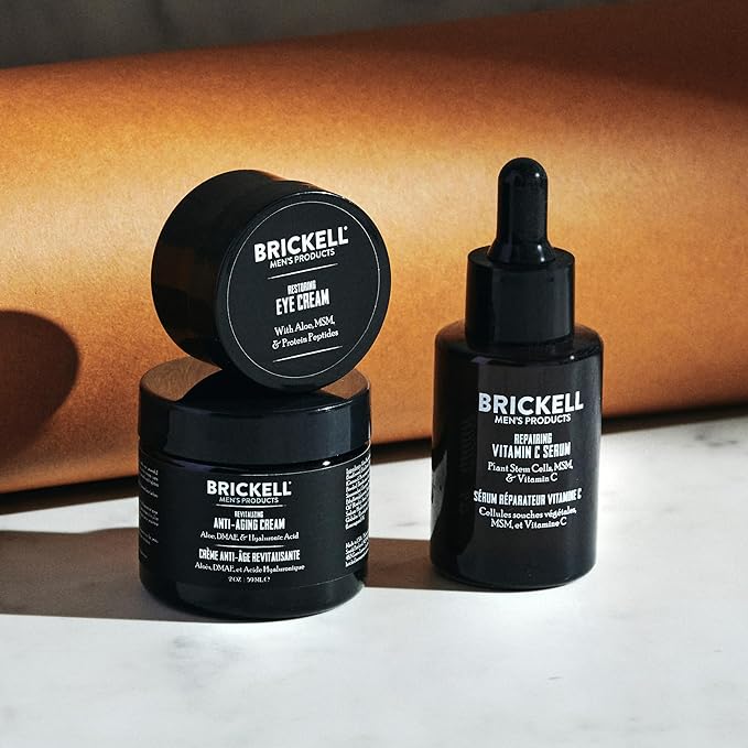 Brickell Men's Advanced Anti-Aging Routine, Night Face Cream, Vitamin C Facial Serum and Eye Cream, Natural and Organic, Unscented, Skin Care Gift Set