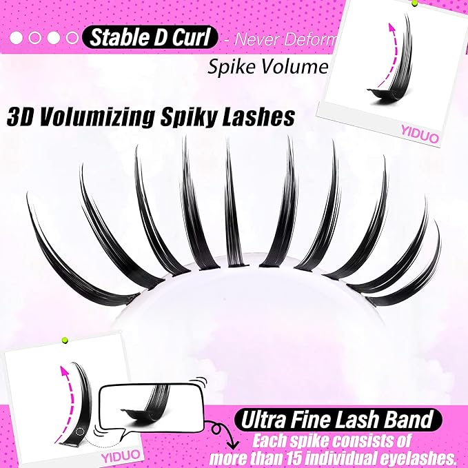 YIDUO Lashes Clusters with Spikes Bottom 280Pcs Volume Manga Wispy Cluster False Eyelashes Natural D Curl Individual 100D 12-20mm Anime False Mink Lashes Extensions Pack