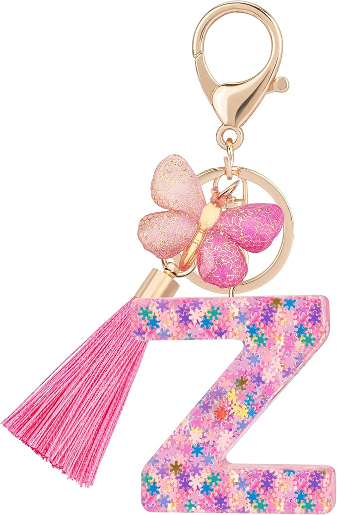 Suweibuke Cute Pink Key Chains for Women Girls, Initial Letter Keychains with Tassel, Charms for Key Purse Handbags Backpacks
