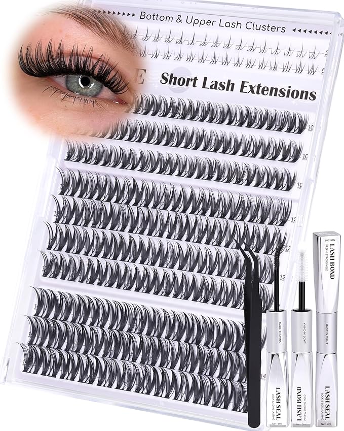 Flaunt Lash Clusters Kit Natural Wispy Lash Extension Kit Short 10mm-12mm-14mm Cluster Eyelash Extension Kit Individual Lashes Kit with Bottom Lashes Bond and Seal by ALICE