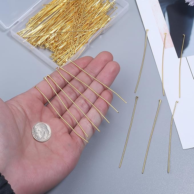 200 Pcs 70mm/2.76 Inch 21 Gauge Head Pins for Jewelry Making Straight Eye Ball Pin for DIY Christmas Styles Craft Earring Bracelet Necklace Pendant Making (Head Pins,Gold Color)