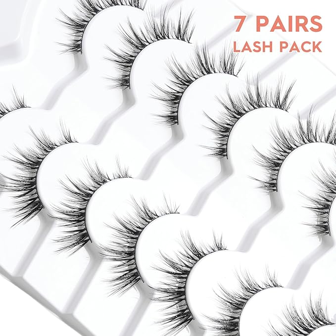Manga Lashes Wispy False Eyelashes Natural Look 14mm Cat Eyelashes Anime Lashes 0.1mm Thin Band Manhua Lash Strips 3D Volume Strip Lash Pack C Curl Eyelash 7 Pair Siligli