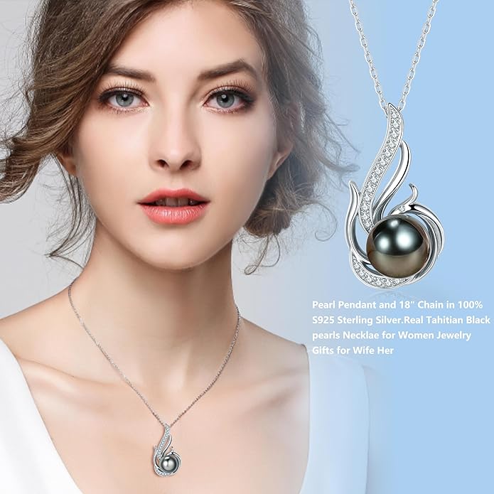 Tahitian Black Pearl Necklaces for Women 10-11mm - Pearl Necklace Phoenix Pendant | with 925 Sterling Silver 18" Chain - Christmas Mothers Day Valentine's Day Gifts For Women Wife Mom Grandma Girlfriend Daughter Her Best Friend Birthday Anniversary Fin...